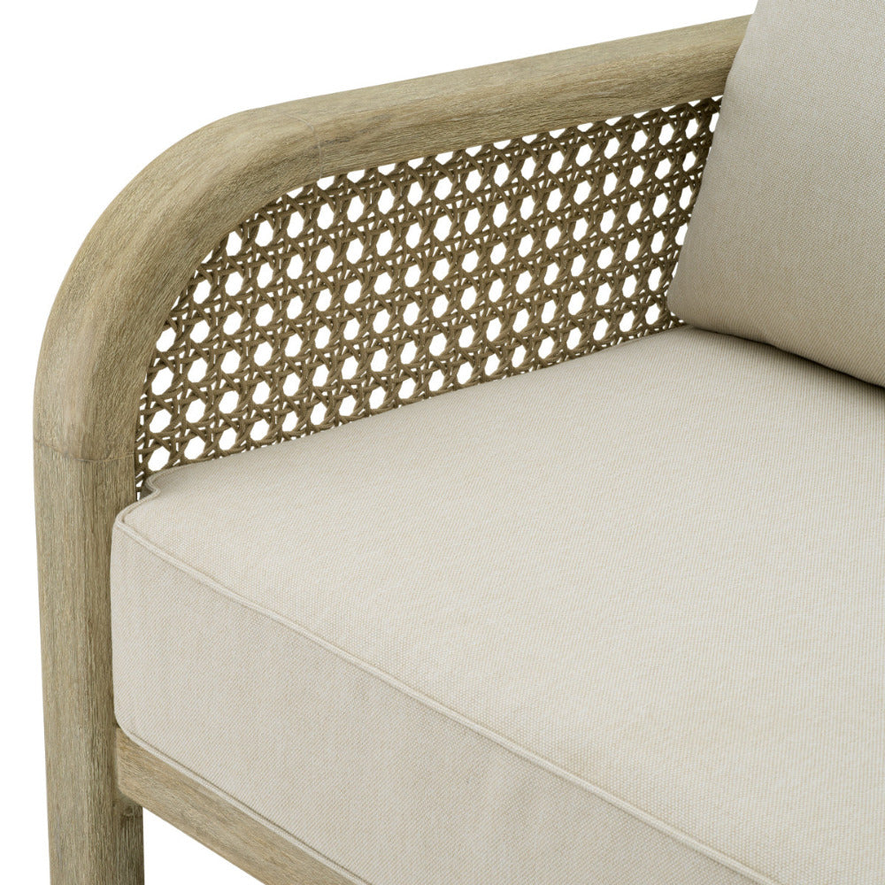 Chair with woven backrest and beige cushion on a white background