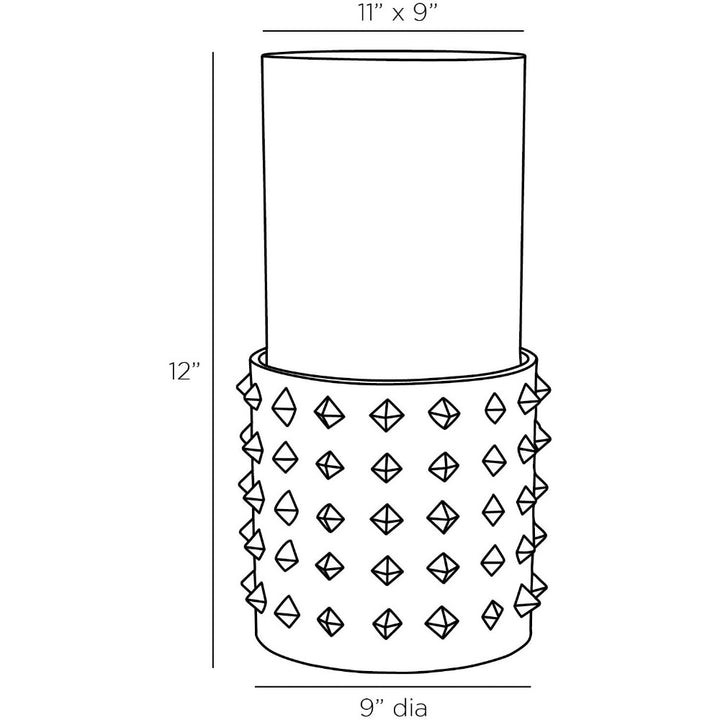 Line drawing of a decorative candle holder with measurements on a white background