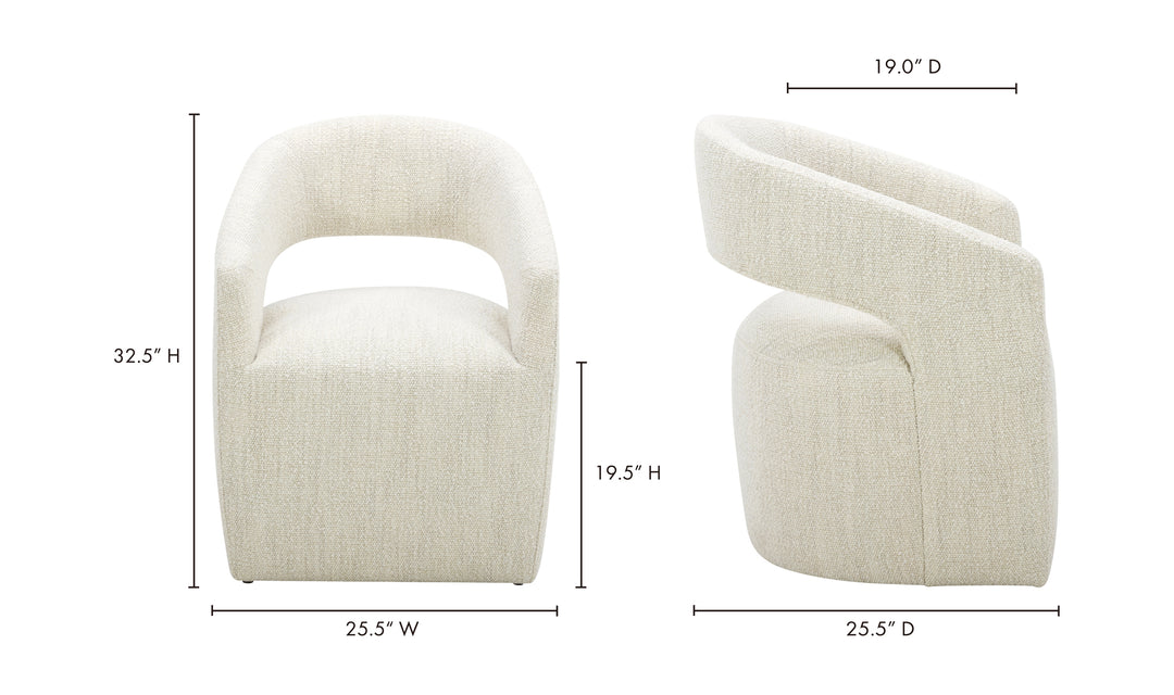 Dimensions of a white rolling armchair on a white background