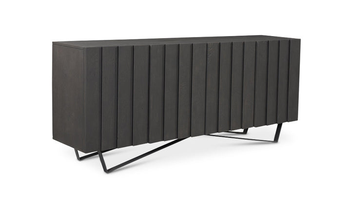Modern black sideboard with horizontal slats on a white background