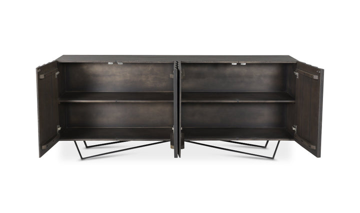 Black wooden sideboard with open doors on a white background