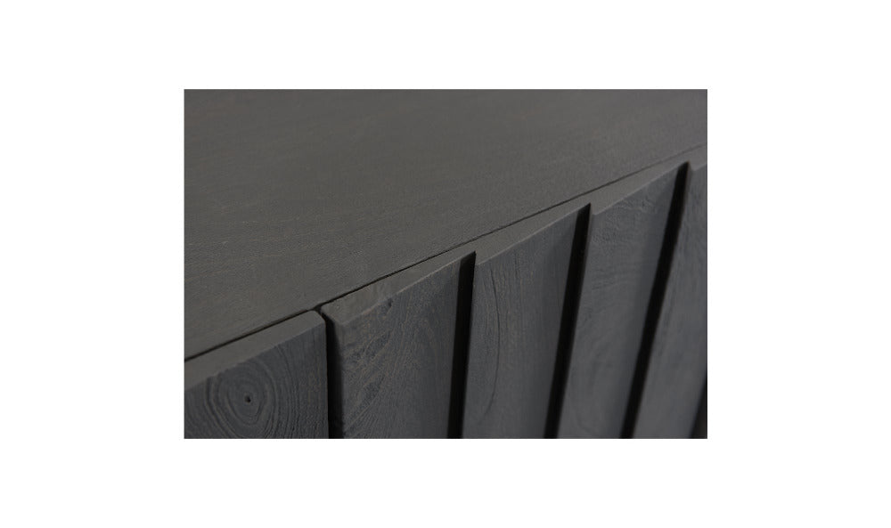 Close-up of a dark gray wooden sideboard with horizontal slats on a white background