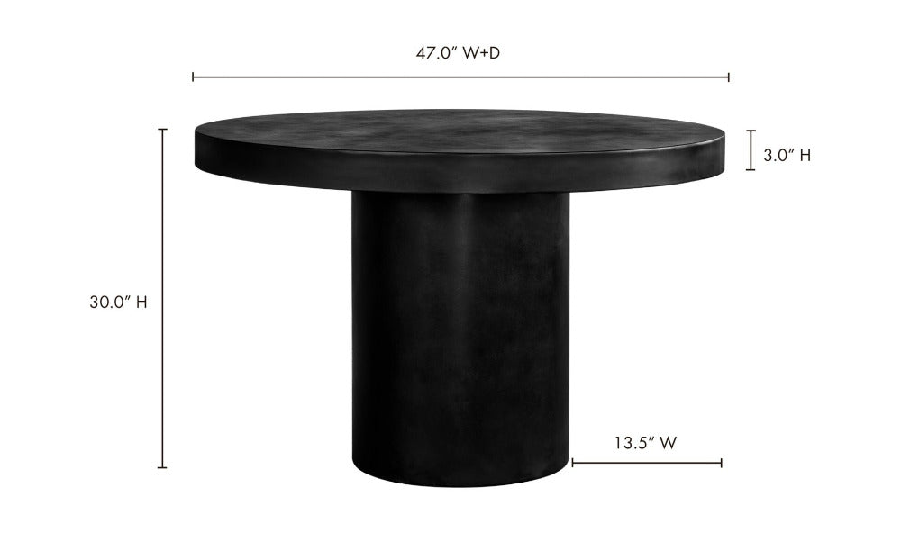 Black round table with dimensions labeled on a white background