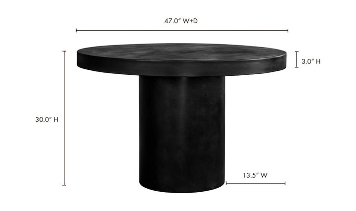 Black round table with dimensions labeled on a white background