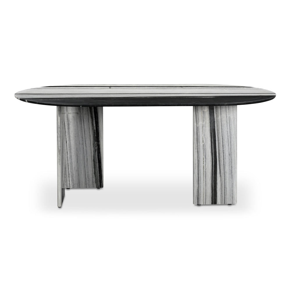 Modern dining table with marble-like base on a white background
