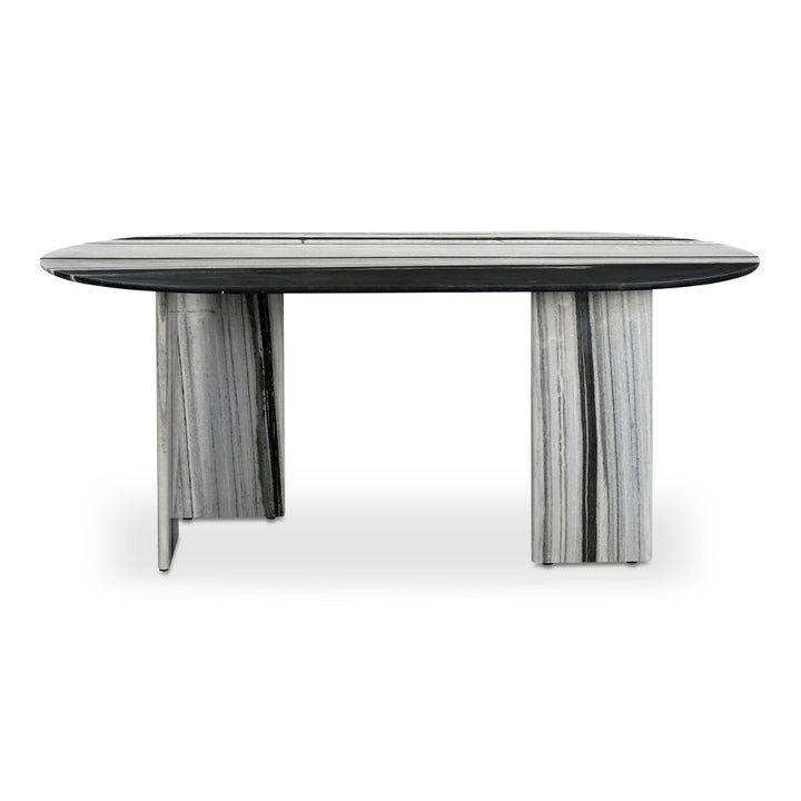 Modern dining table with marble-like base on a white background