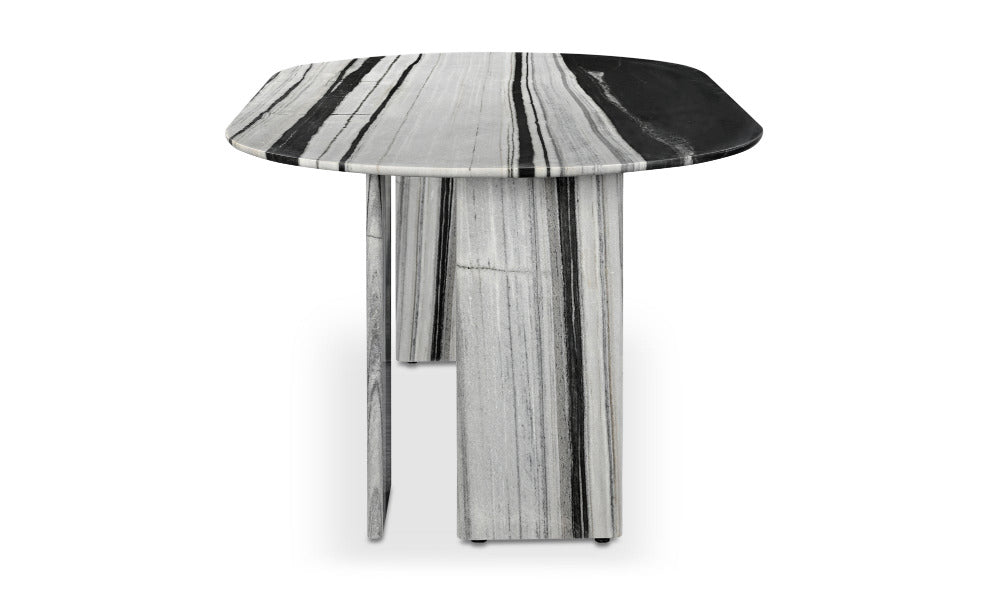 Modern side table with a black and white striped design on a white background