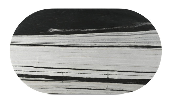 Top view of a black and white marbled stone table on a white background