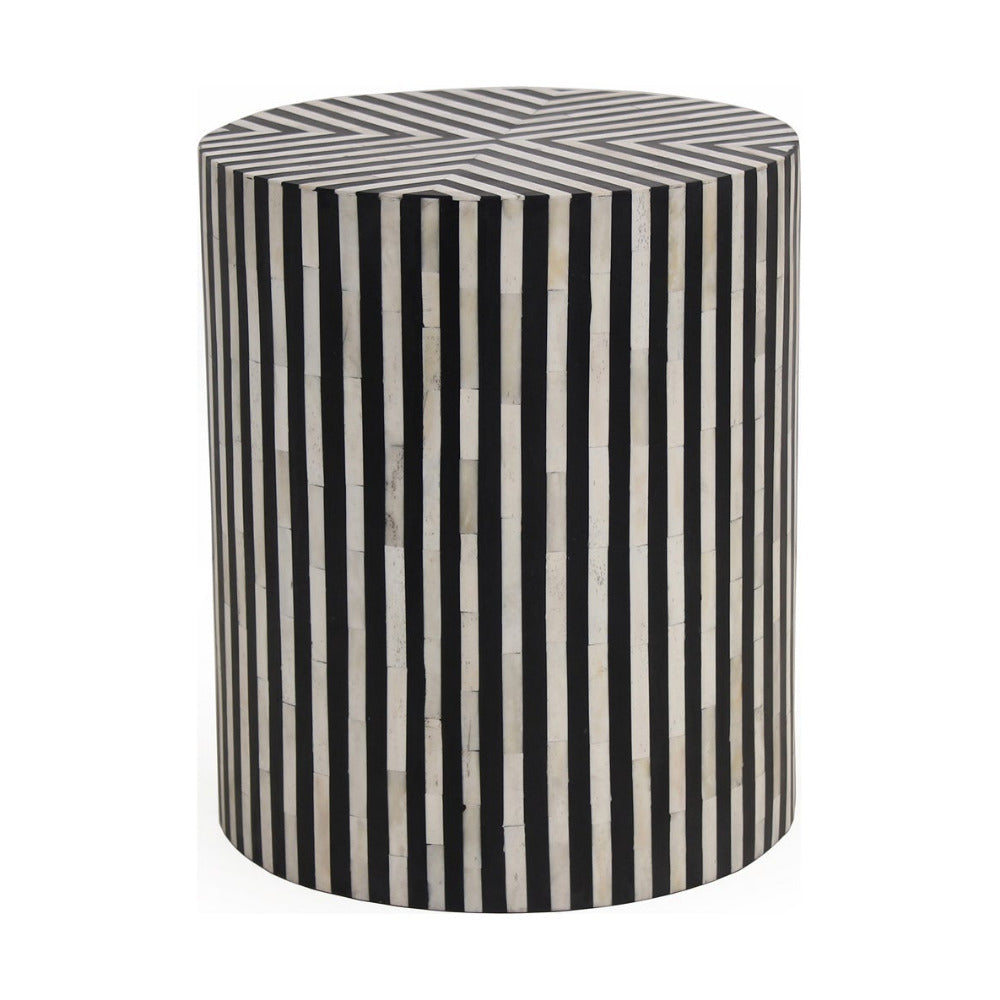Cylindrical side table with black and white striped pattern on a white background