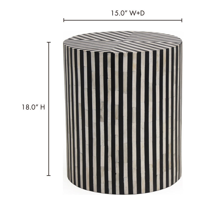 Cylindrical side table with black and white striped pattern and dimensions on a white background