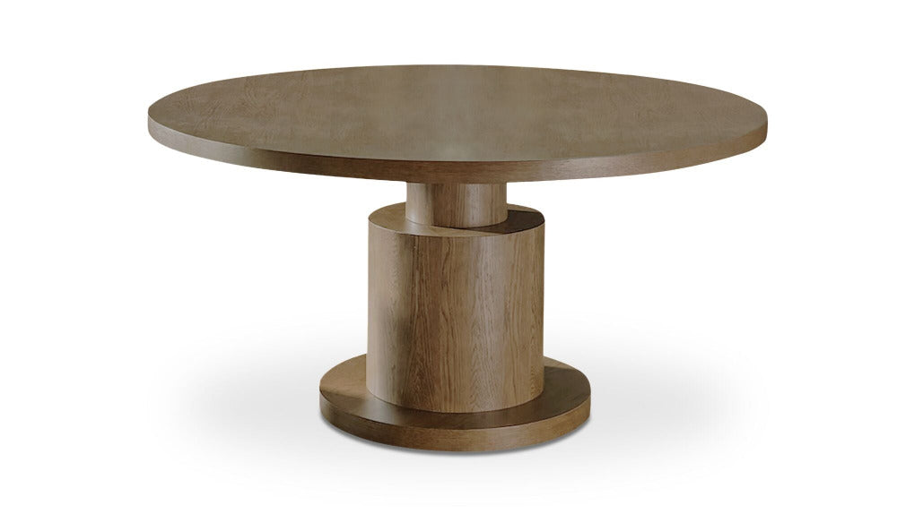 Wooden round table with a cylindrical base on a white background