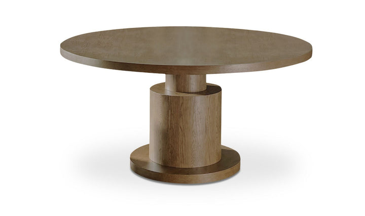 Wooden round table with a cylindrical base on a white background
