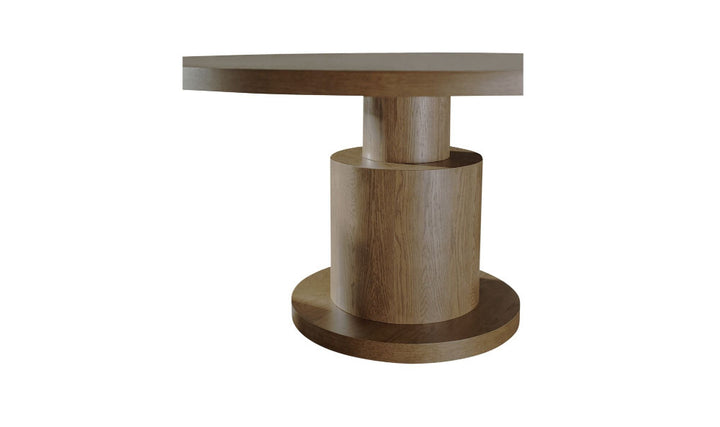 Wooden round table with a cylindrical base on a white background