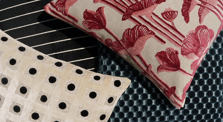 Detail of the carved velvet pile on the Dance Pacific pillow
