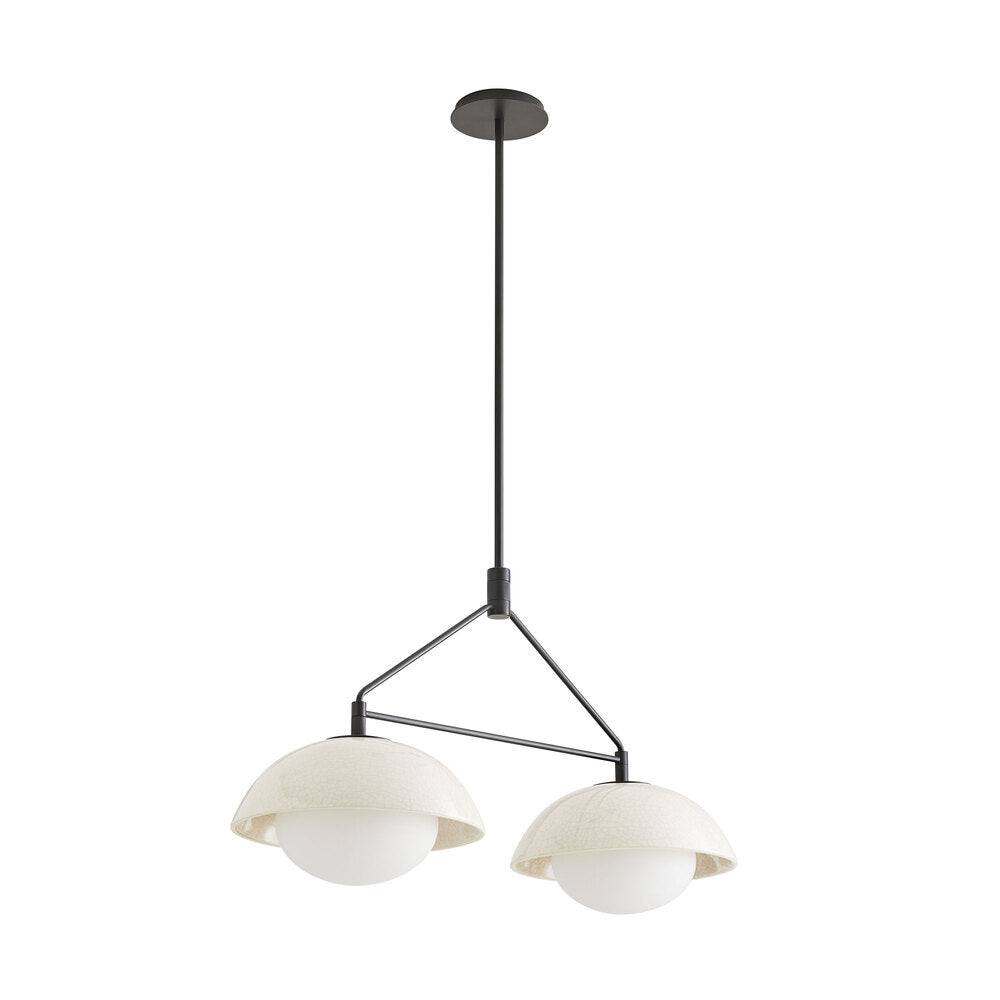 Modern pendant light with two glass shades on a white background