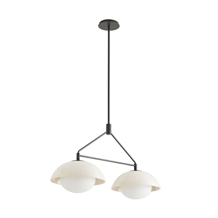 Modern pendant light with two glass shades on a white background