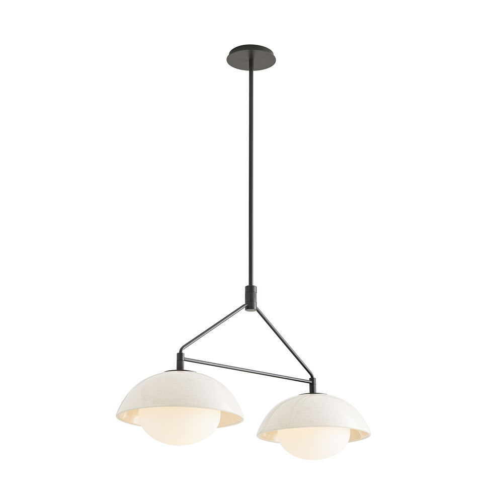 Modern pendant light with two round shades on a white background