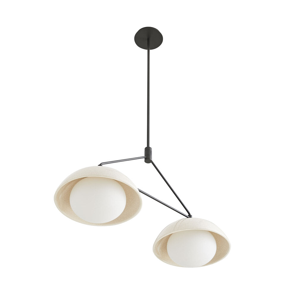 Modern pendant light with two round shades on a white background