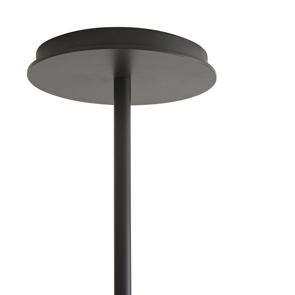 Black cylindrical pendant light fixture on a white background