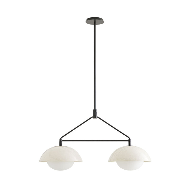 Modern pendant light with two round glass shades on a white background