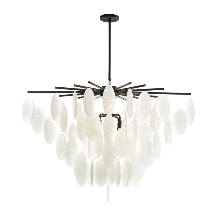 Modern chandelier with white lampshades and black metal structure on a white background