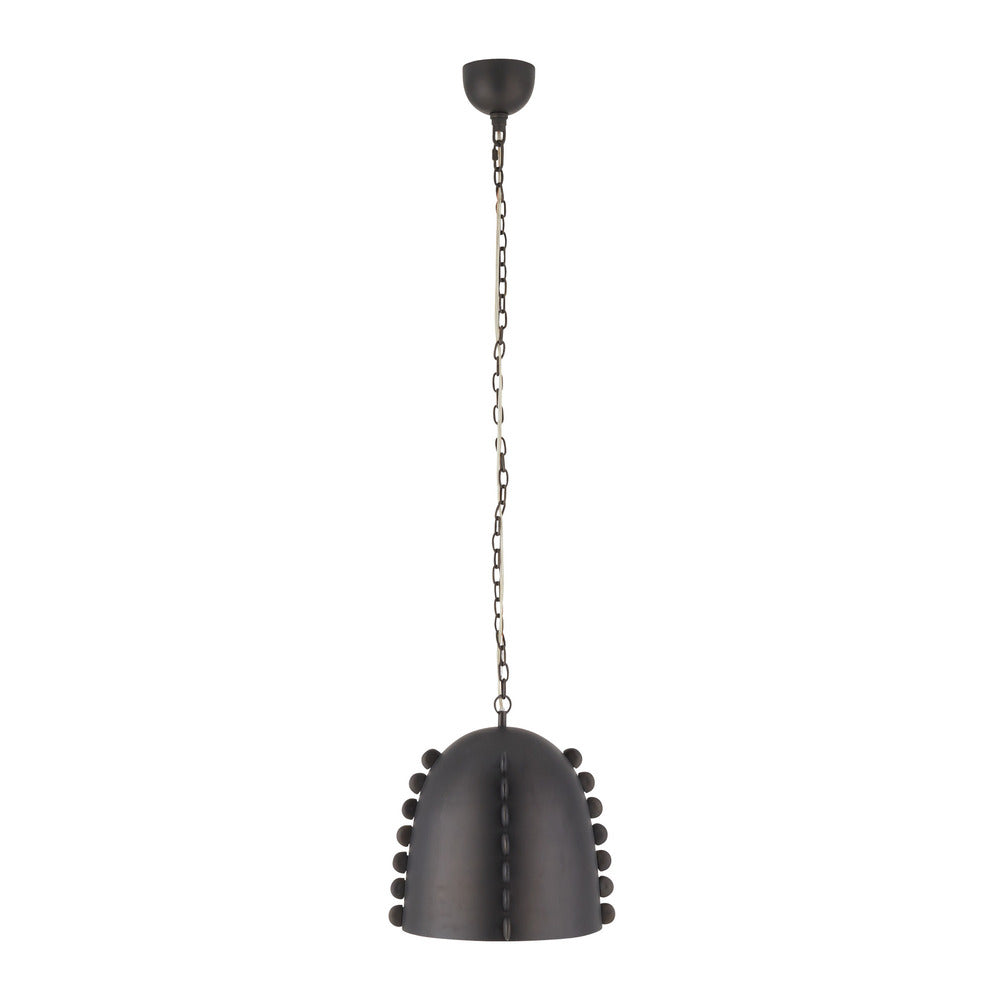 Black pendant light with decorative chain on a white background