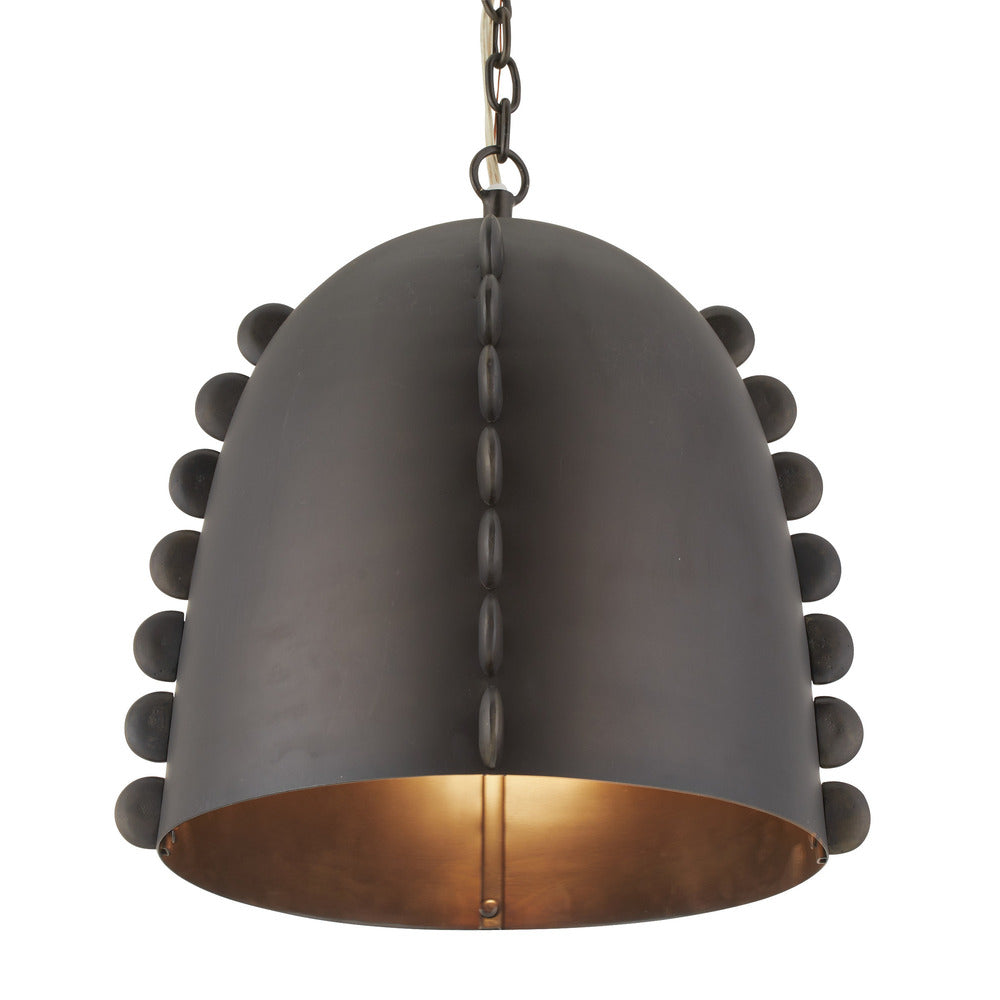 Dark gray pendant light with textured edge and gold interior on a white background