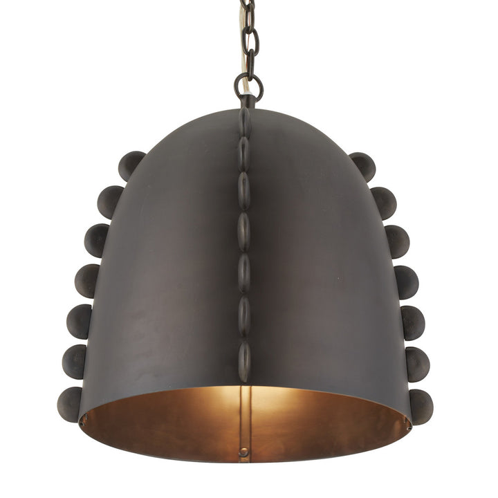 Dark gray pendant light with textured edge and gold interior on a white background
