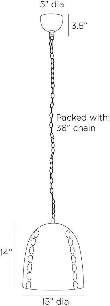 Technical drawing of a pendant light fixture with dimensions and chain length information.