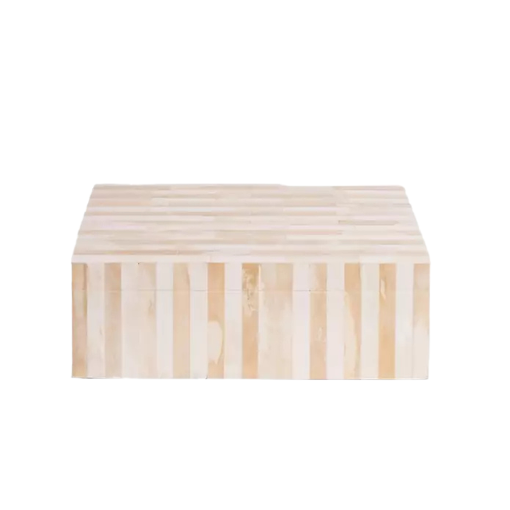 Rectangular wooden box with striped pattern on a white background