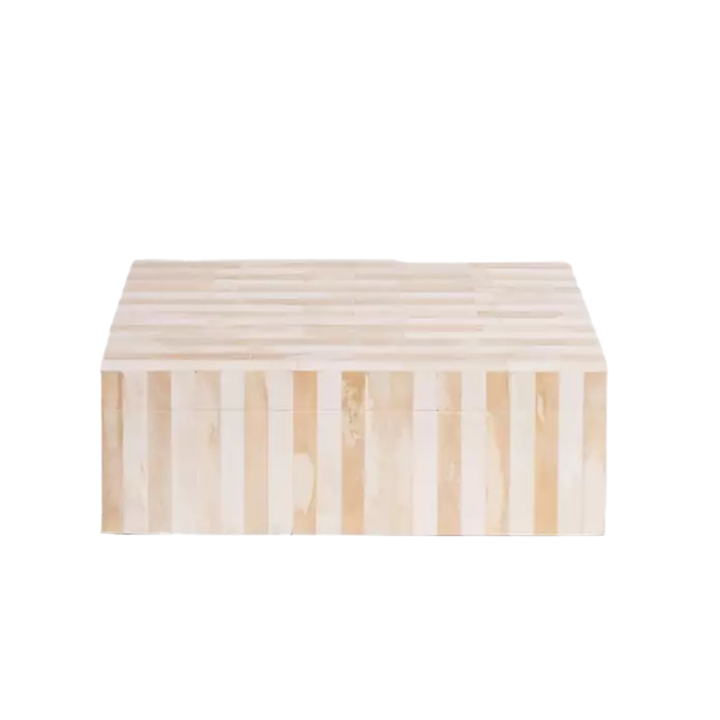 Rectangular wooden box with striped pattern on a white background