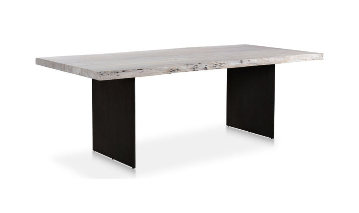 Modern dining table with wood top and black legs on a white background