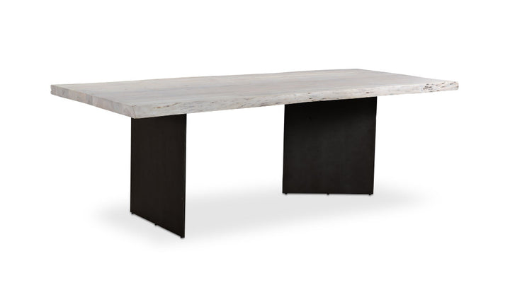 Rectangular table with a light gray wood top and black legs on a white background