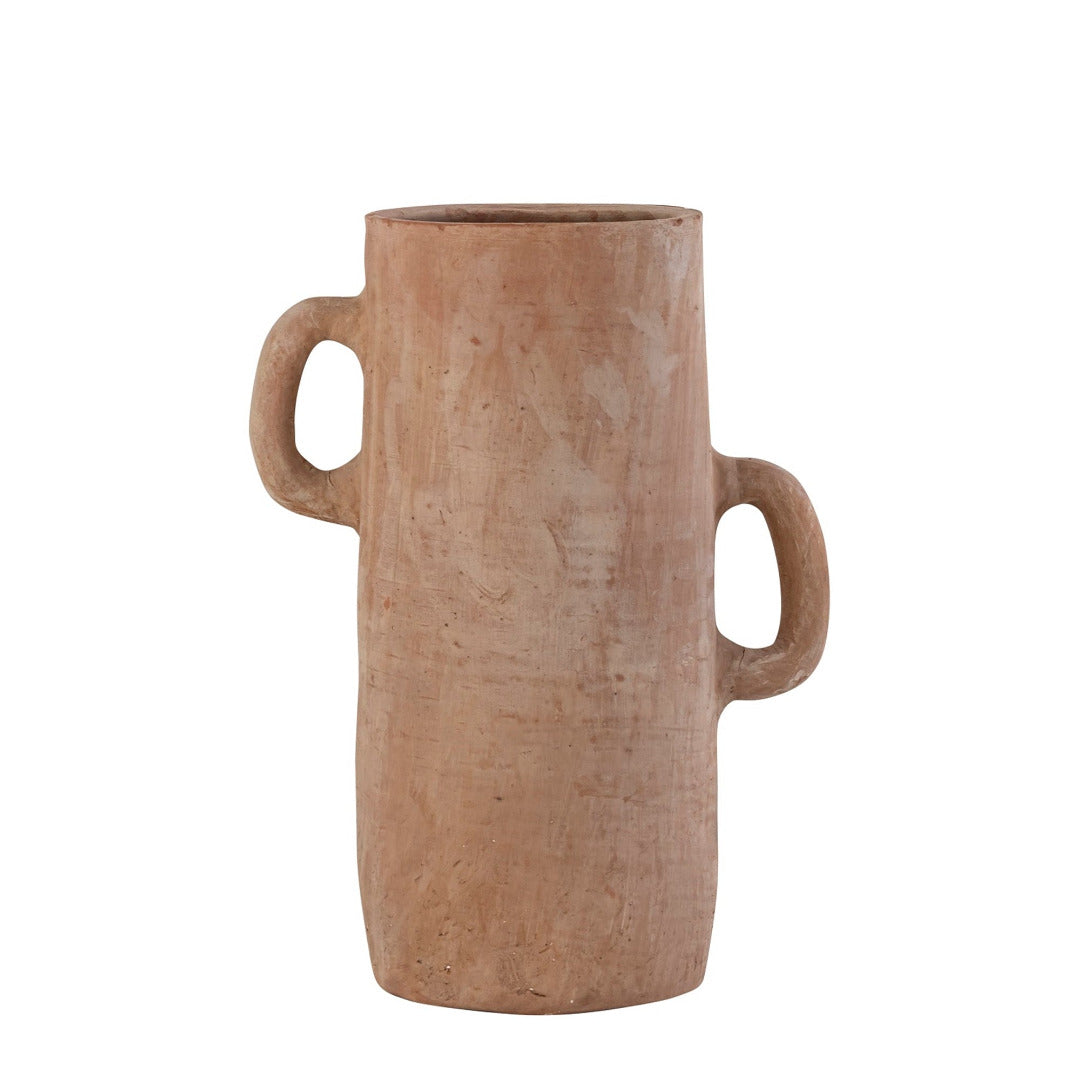 Terracotta vase with two handles on a white background