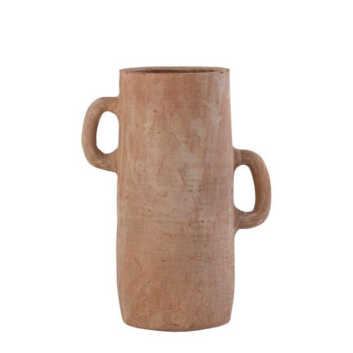 Terracotta vase with two handles on a white background