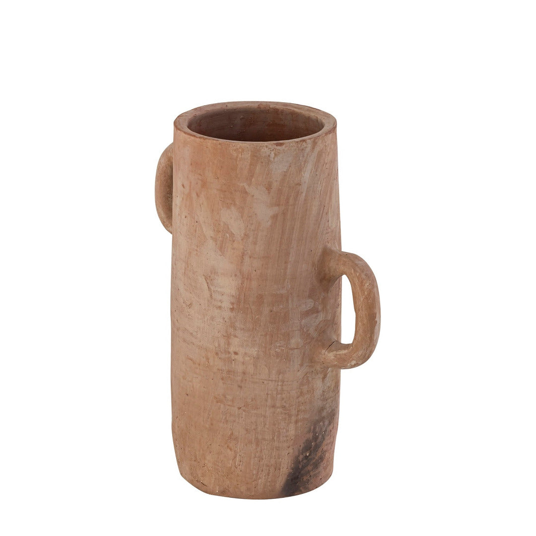 Terracotta vase with handles on a white background