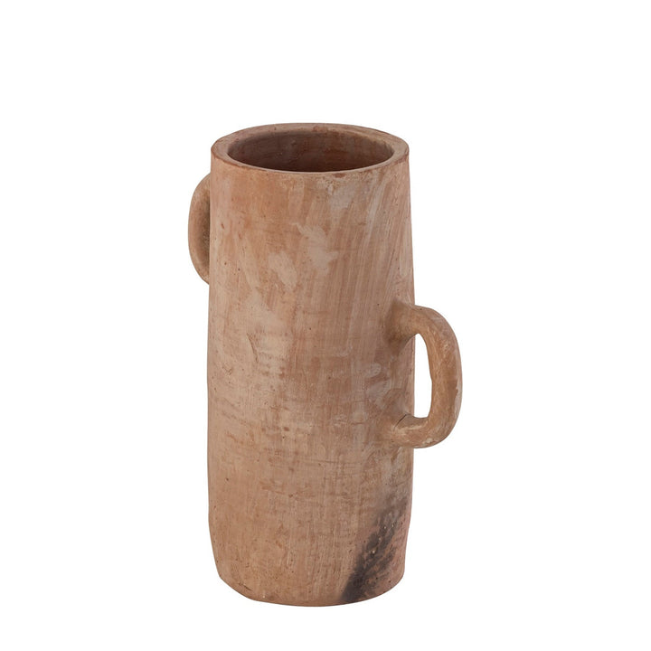 Terracotta vase with handles on a white background