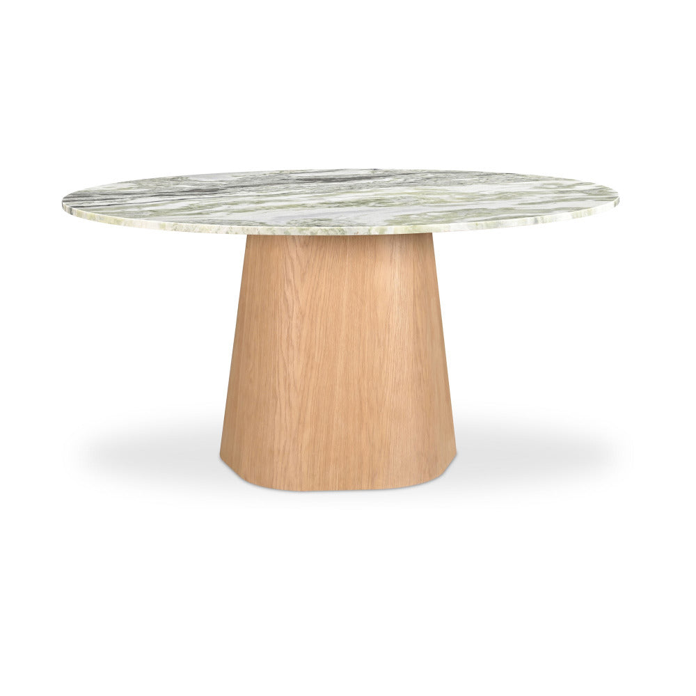Round table with marble top and wooden base on a white background
