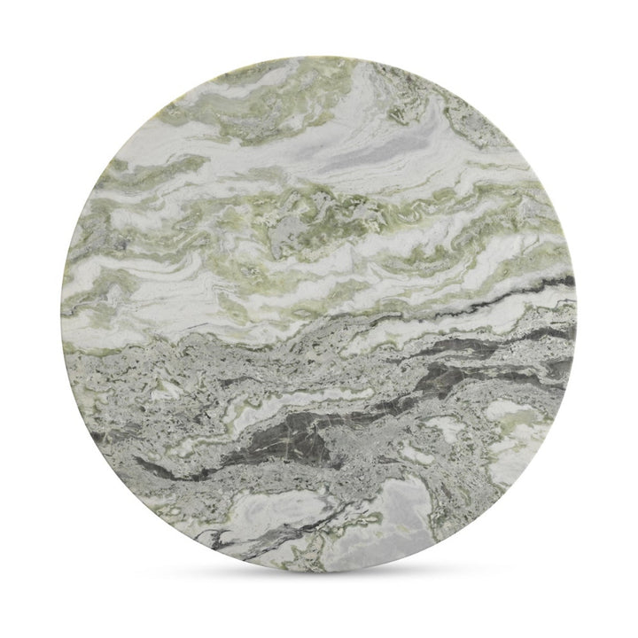 Round marble coaster with gray and green pattern on a white background