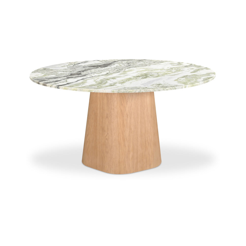Round table with marble top and wooden base on a white background