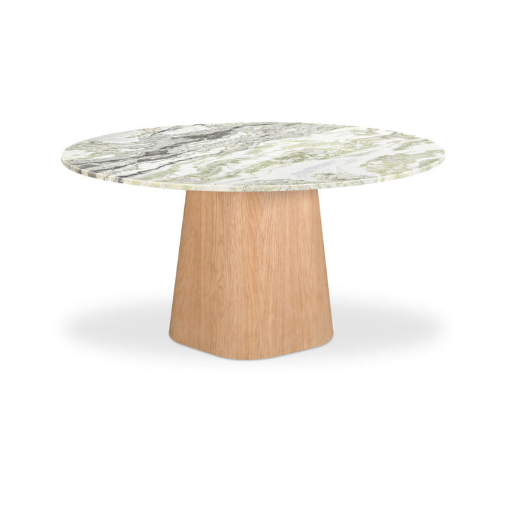 Round table with marble top and wooden base on a white background