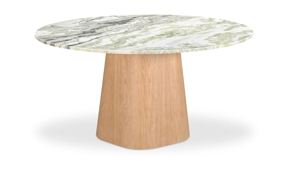 Round table with marble top and wooden base on a white background