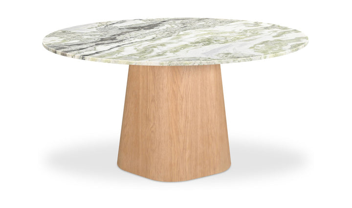 Round table with marble top and wooden base on a white background
