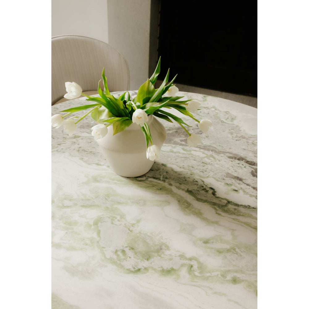 Marble table with a vase of flowers on a white background
