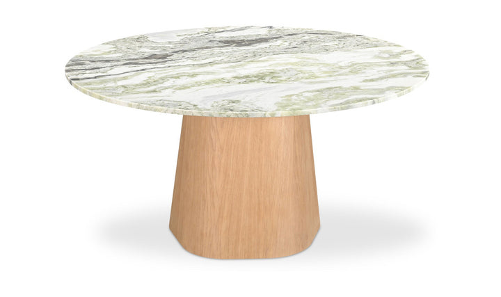 Round marble table with a wooden base on a white background