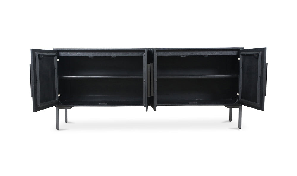 Black sideboard with open doors on a white background