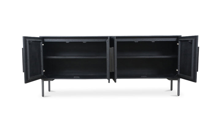 Black sideboard with open doors on a white background