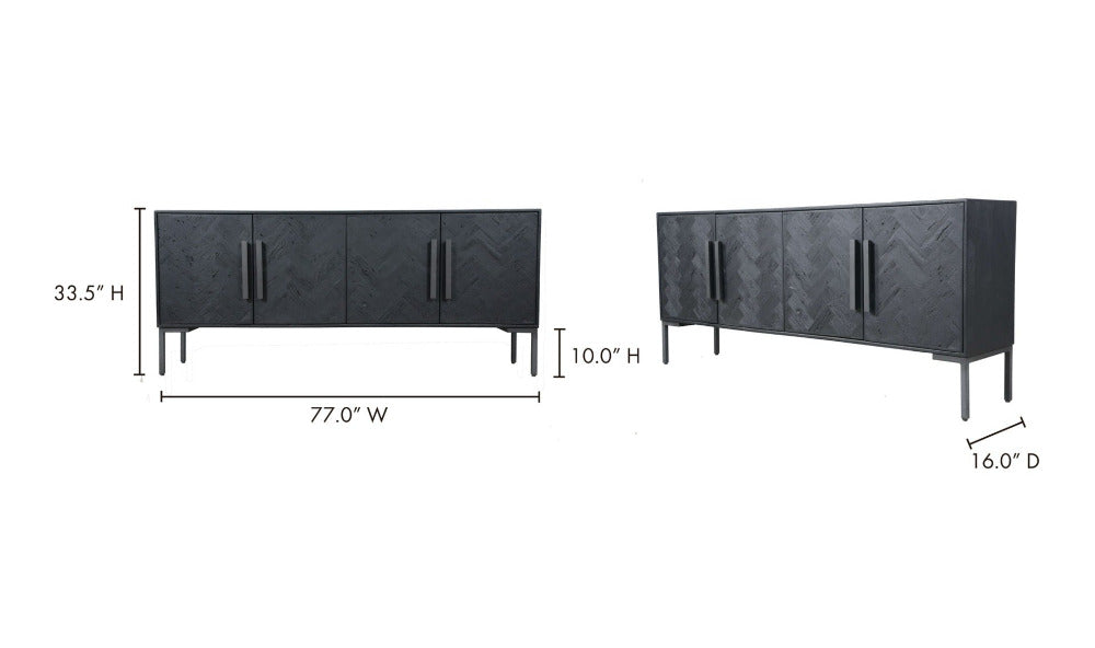 Black sideboard with dimensions labeled on a white background