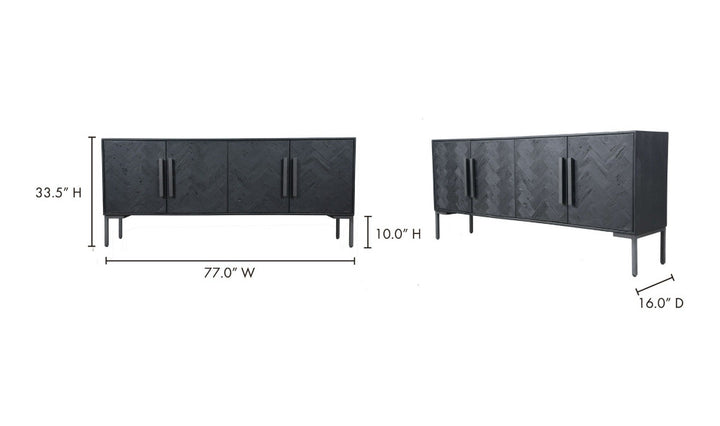 Black sideboard with dimensions labeled on a white background