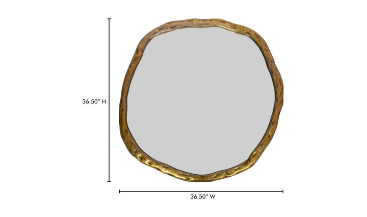 Gold-framed mirror with dimensions on a white background